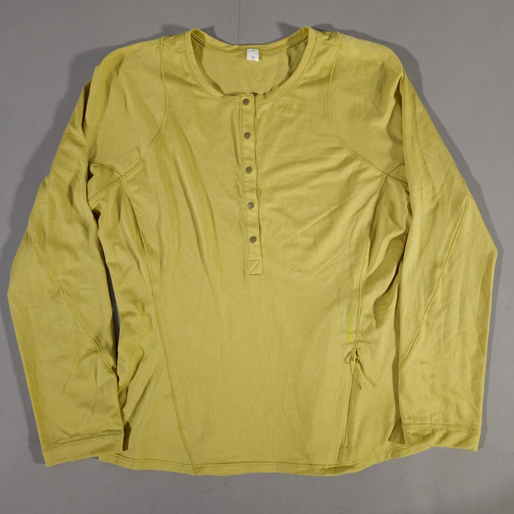 Lululemon Henley Top Womens 10 Yellow Long Sleeve Snap Button Activewear Pocket